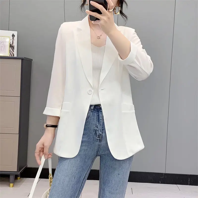 

Summer Thin Women Blazers 2023 New Korean Office Lady Graceful Solid Three Quarter Chiffon Suit Coats Basic Workwear Female