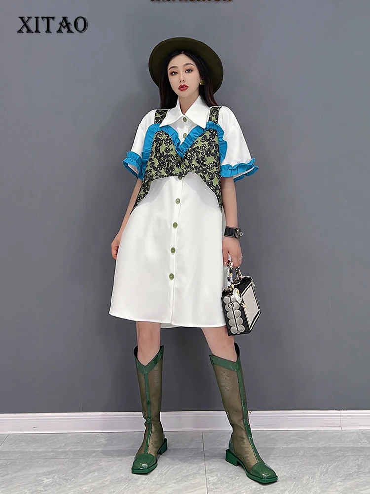 

XITAO Fashion Casual Shirt Dress Contrast Color Print Splicing Camisole False Two Piece Loose Women Dress 2022 New ZY6828