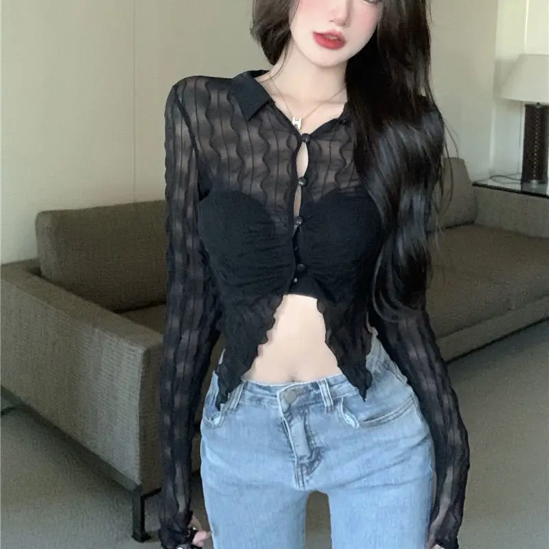 

QWEEK Sexy Women Blouses Lace Top Black Slim Crop Harajuku Tunic Long Sleeve Cardigan Cropped Button Up Side of Fungus Kpop Ins