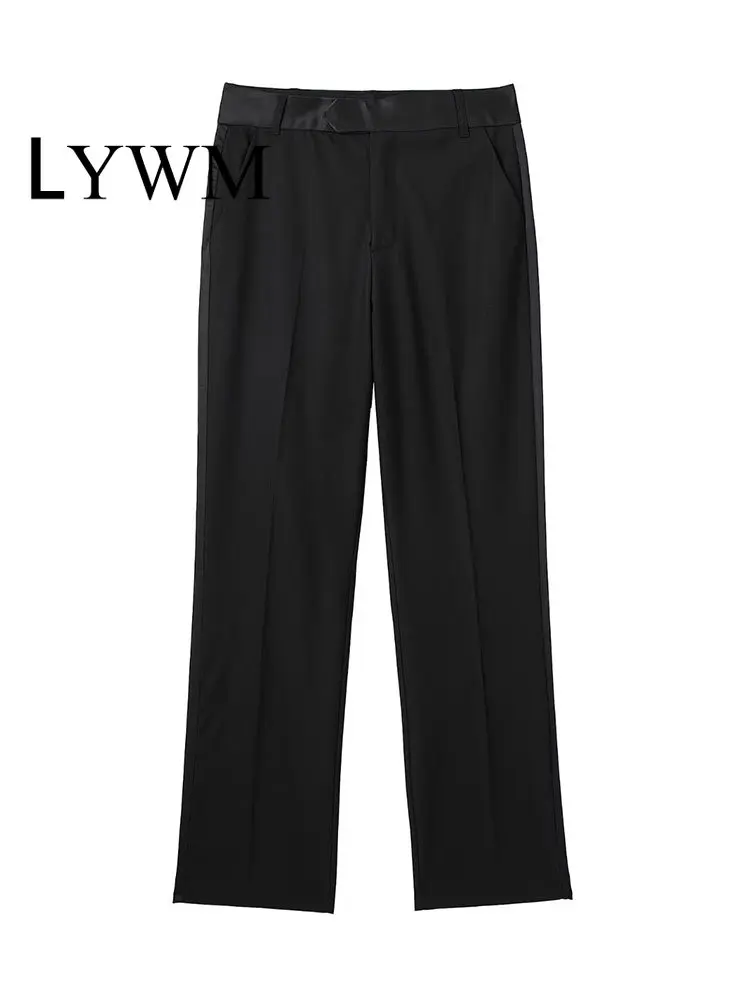 

LYWM Women Fashion Whit Pockets Side Satin Texture Black Trousers Vintage Front Zipper High Waist Female Chic Lady Pants