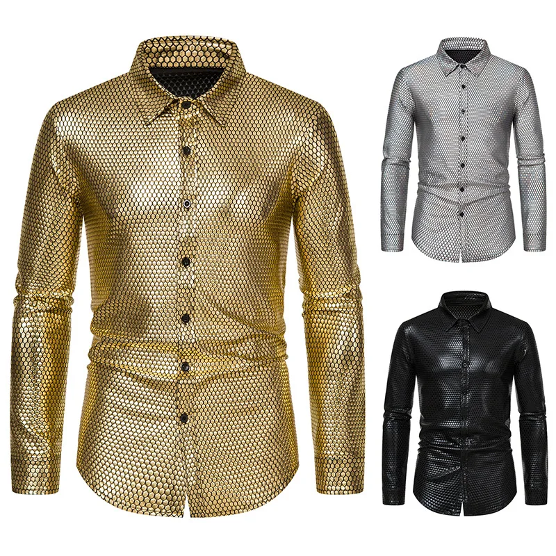 

Disco Clothing Shirts Diamond Foil Printing Long Sleeve Button Up Shirts Men's Personality Reflective Senior Shirts 2022 New