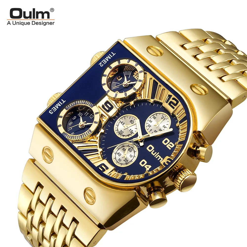 

Часы Oulm Мужские кварцевые с большим циферблатом, брендовые стильные роскошные с ремешком из нержавеющей стали и тремя часовыми поясами
