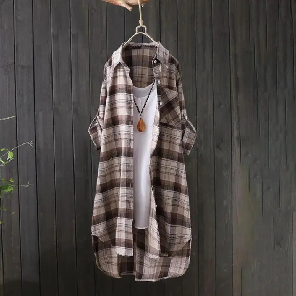 

Soft Shirt Plaid Print Women's Cardigan Stylish Lapel Single-breasted Shirt Coat with Irregular Hem Patch Pocket Women Plaid