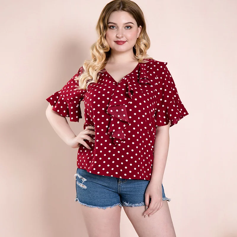 

Plus Size Red Polka Dot Top Women's Early Autumn Large Loose Xl-4xl Pullover Casual Women's Dress Ruffle Fat Mm