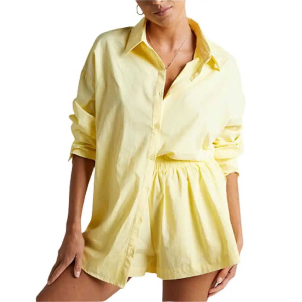 

1 Set Office Ladies Shirt Shorts Color Block Single Breasted Summer Elegant Loose-fitting Outfit for Office Women Tracksuit 2022