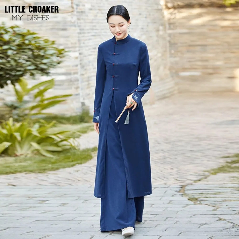 

Женское платье Тан из хлопка и льна, китайский стиль, ретро женский костюм, улучшенный чонсам, художественный комплект из двух предметов, чайное платье дзен, осень