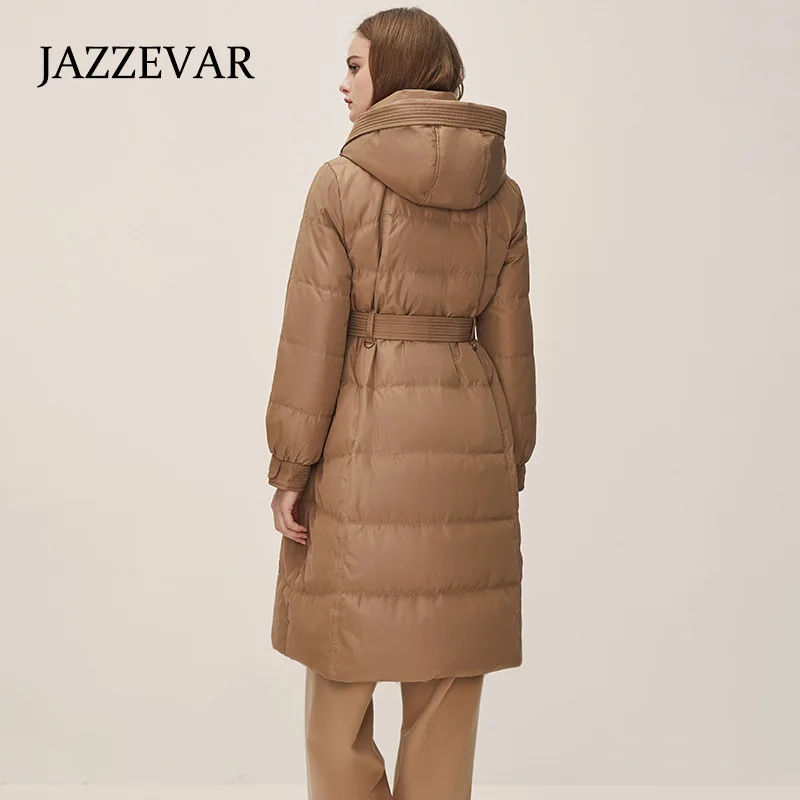JAZZEVAR 2022 Winter New Style Thickening Waist Fashion Design Long European Down Jacket Female 90 White Duck Down