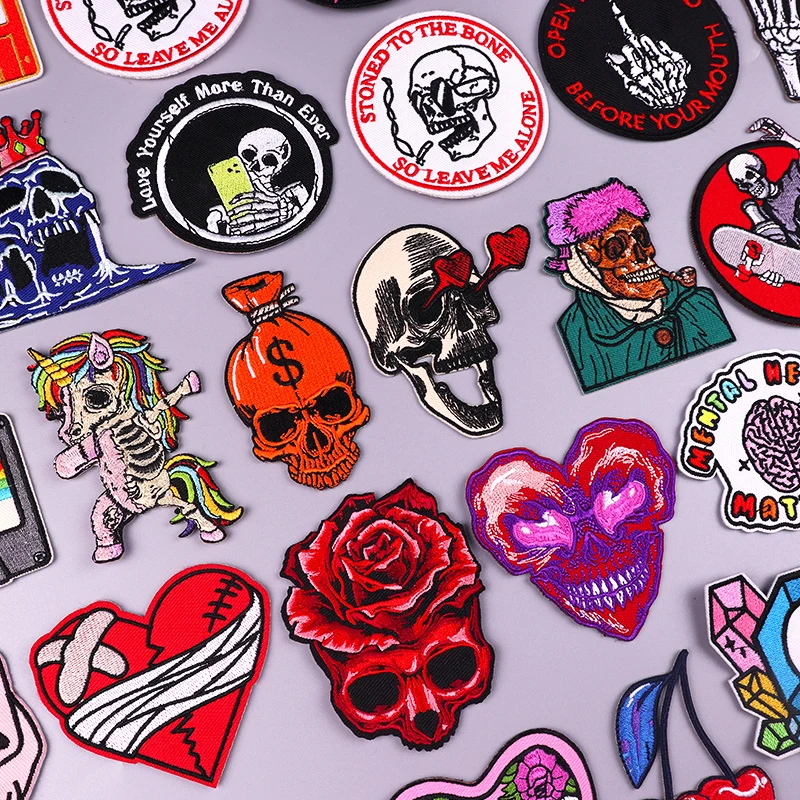 

Red Skull Punk Embroidered Patches For Clothing Stickers Hippie Iron On Patches On T-shirt Clothes Stripe DIY Patches Accessorie