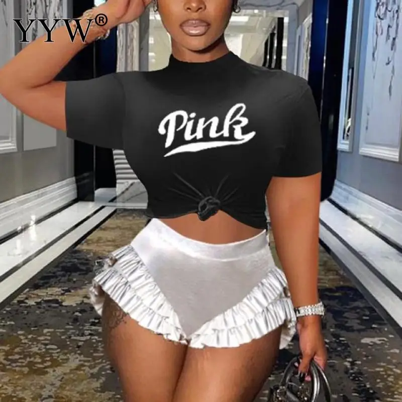 

Two Piece Set Women Y2K 2022 Summer Women's New PINK Letter Print Short Sleeves Crop Top Ruffled Sexy Mini Pants 2 Pieces Sets