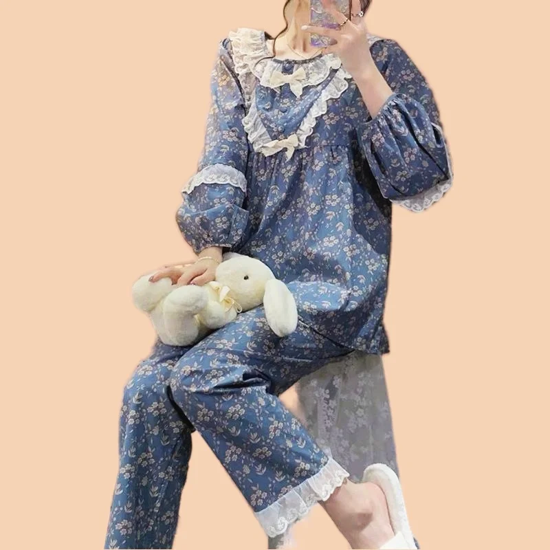 Women's Pajamas Set Sweet Full Sleeve Flower Print Sleepwear Casual Pyjama Cozy Homewear Korean Spring Style