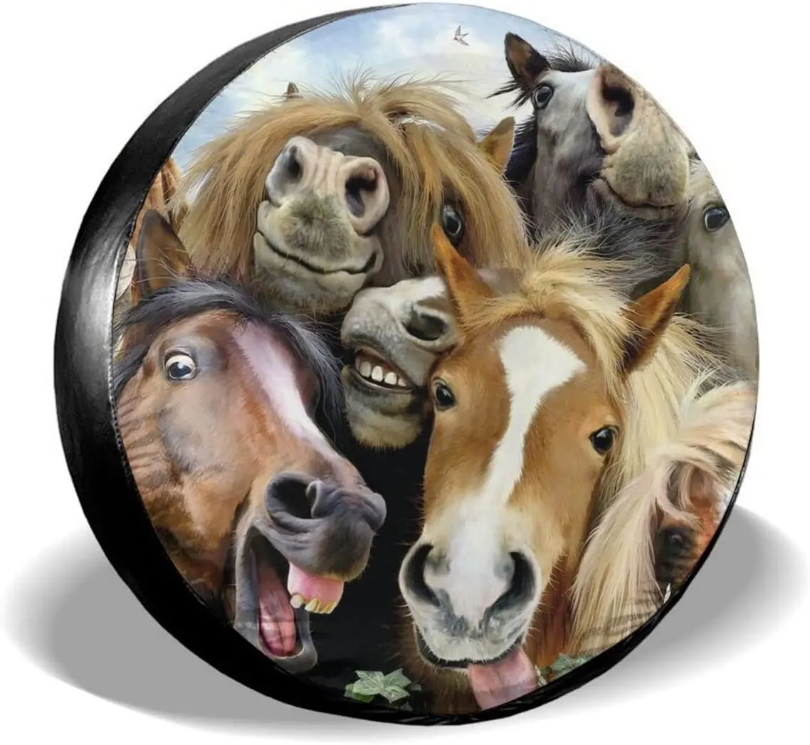 

Funny Horses Selfie Spare Tire Cover Universal Waterproof Dust Proof Wheel Covers Fit for Trailer Rv SUV Camper Truck Travel