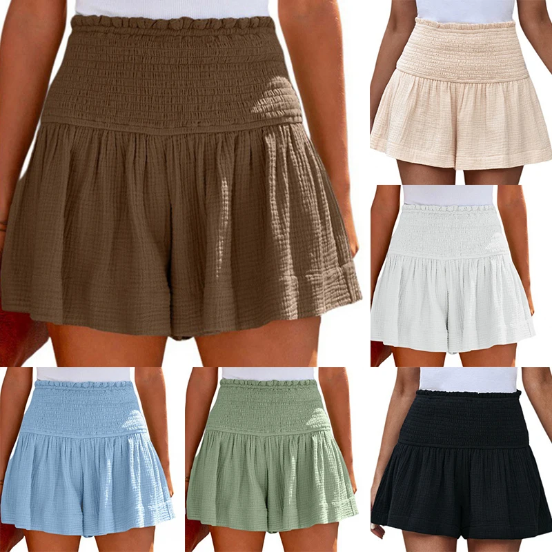 

Summer New Women Loose High Elasticity Pleated Ruffle Cotton Shorts Comfortable Casual Solid Color Short Pants Streetwear