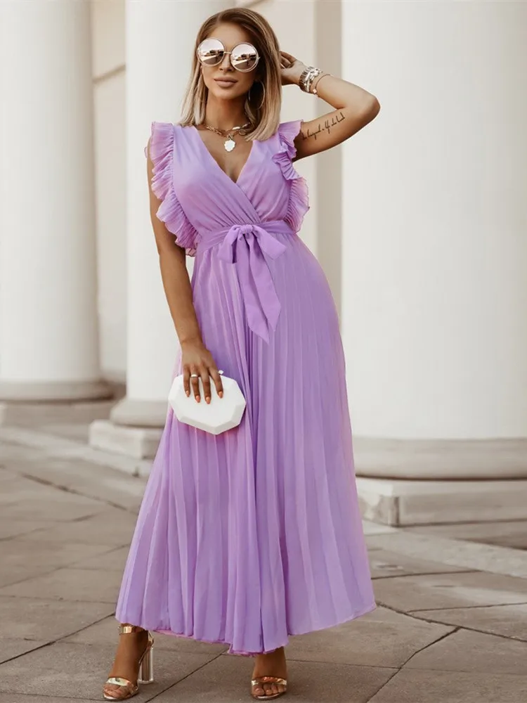 

Women Chiffon Long Pleated Dresses Solid Slim Fit Elegant V-Neck Ruffles Flare Sleeve Drawstring Vestidos New French Style Dress