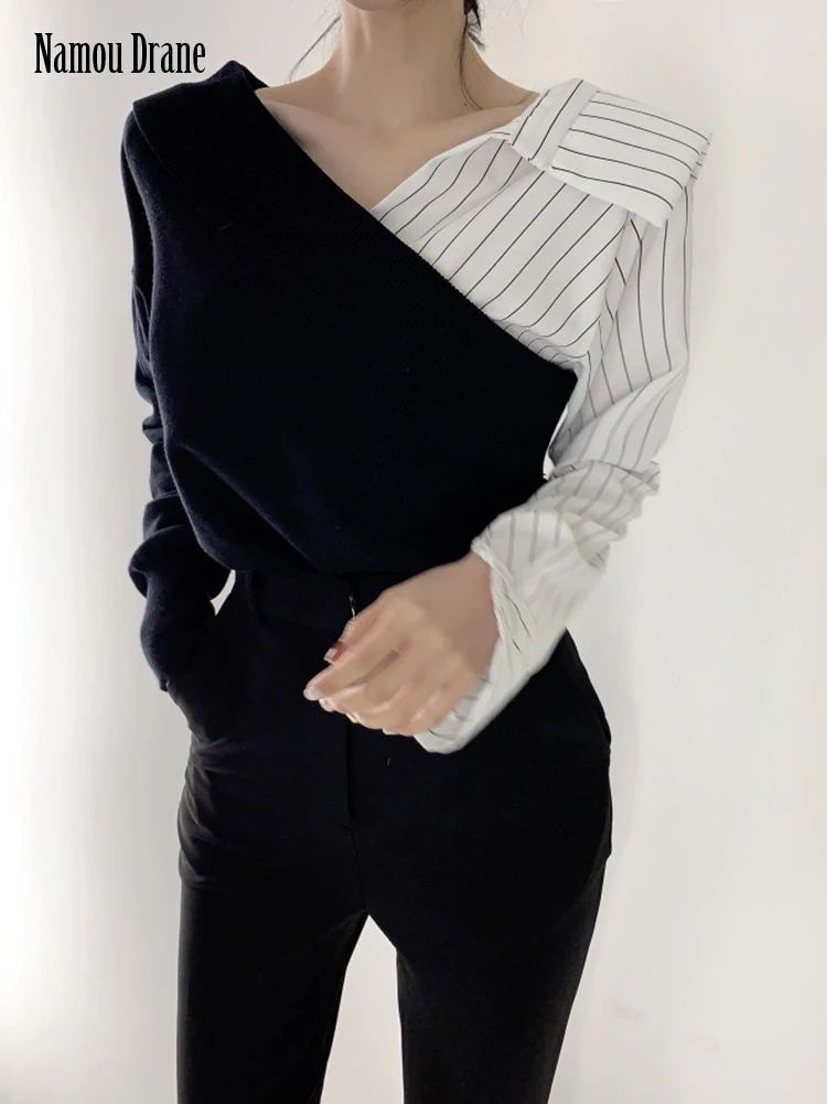 

Namou Drane Korean Version of 2022 Spring New Niche Design Sense Stripe Mosaic Color Fake Two Long Sleeve Knit Top Women