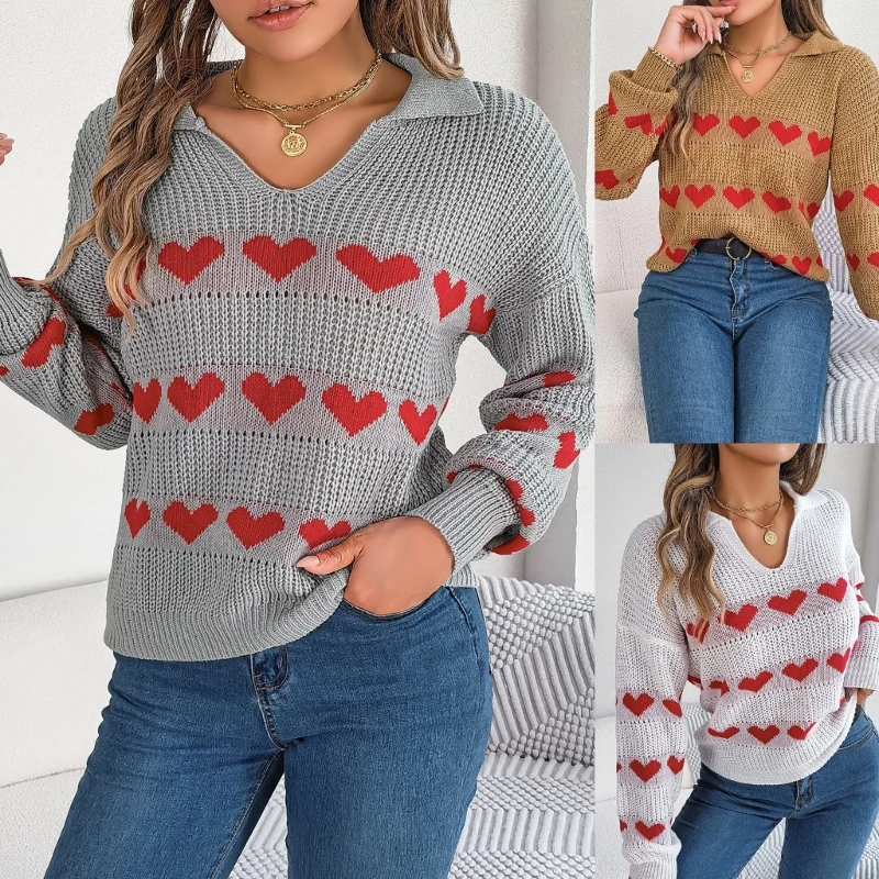 

Womens Autumn Winter Clothes Heart V-Neck Lapel Sweater Long Sleeve Knitted Tops