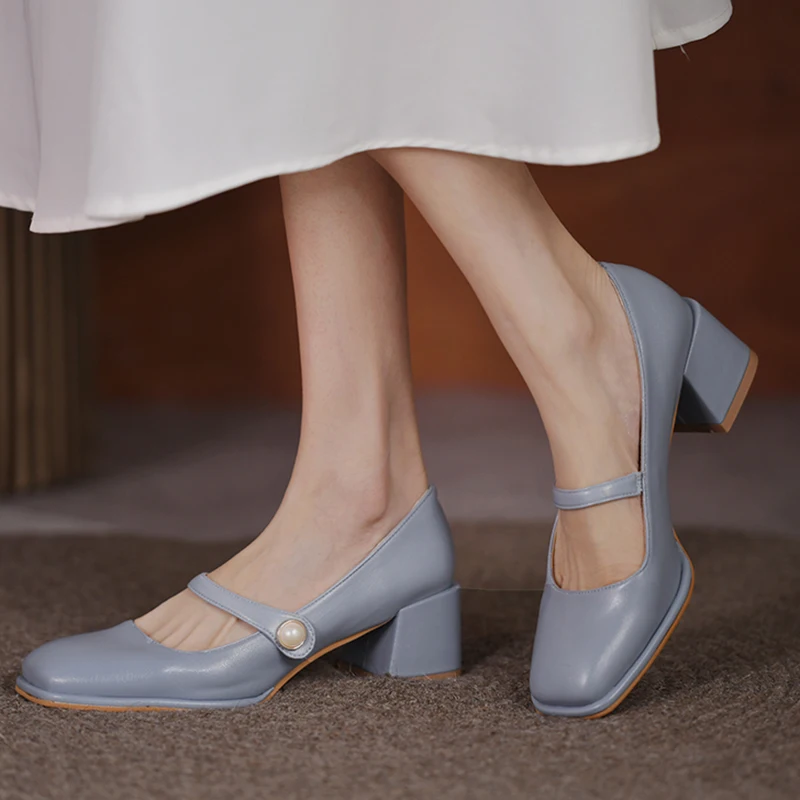 

Rimocy Elegant Square Toe Thick Heel Pumps Women 2021 Fashion Pearl Strap Mary Janes Shoes Woman Autumn Pu Leather Party Shoes