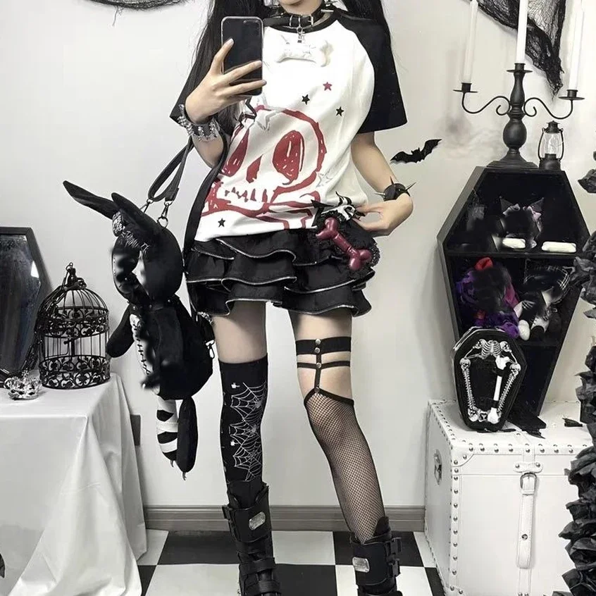 Y2K футболка с коротким рукавом Subculture Star Rock Kpop в стиле пэчворк Harajuku свободные