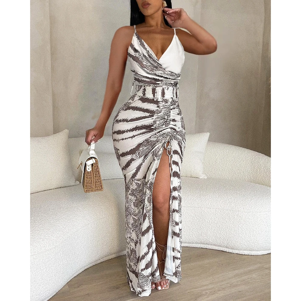 

Women Fashion Spaghetti Strap V Neck Long Evening Dress Stripe Tie Dye Print High Slit Drawstring Plunge Maxi Dress