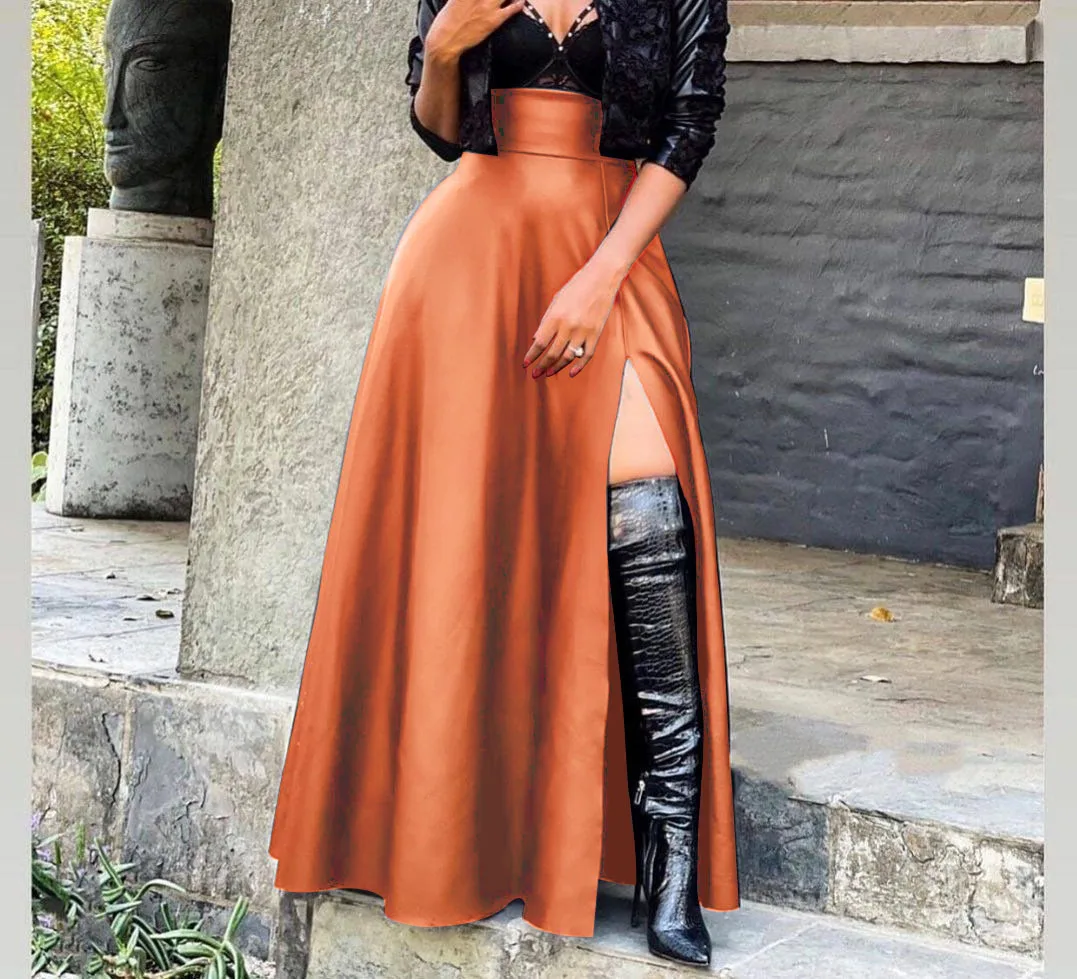 2022 Autumn New Black PU Leather Sexy High Slit Skirts Pocket Skirt Women Women's Solid Color Leather Long Skirts