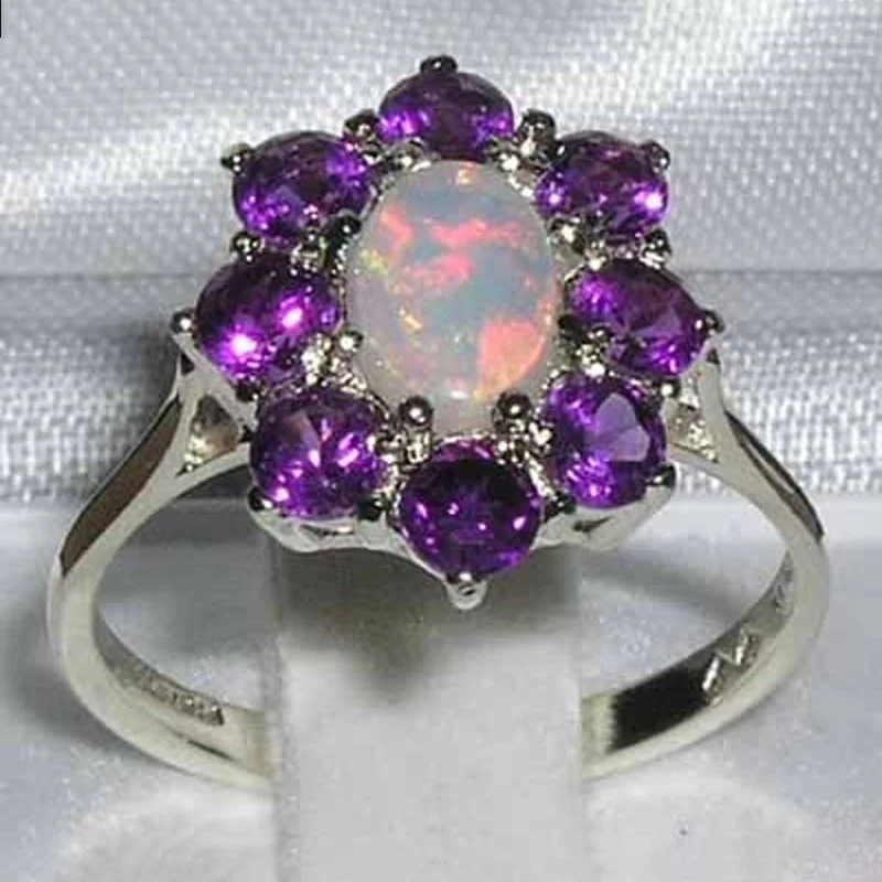 

Simple 925 Sterling Silver Floral Purple Diamond Engagement Wedding Anniversary Gift Ring Size 6-10