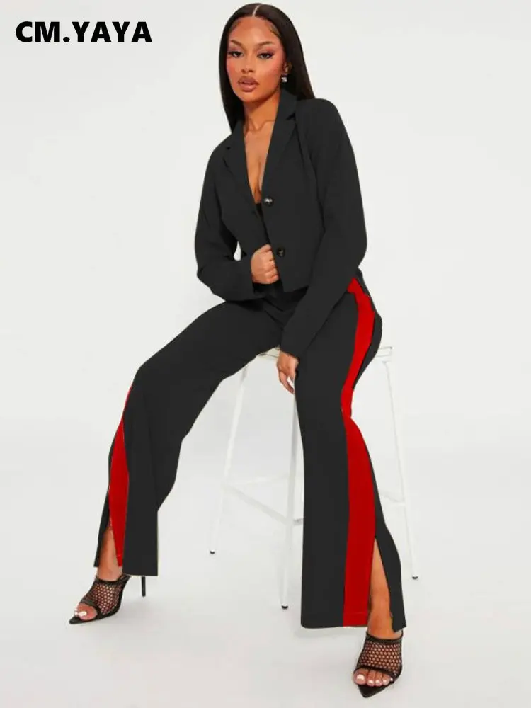 

Женский костюм-двойка в полоску CM.YAYA, модный однобортный Блейзер и брюки-клеш с Боковым Разрезом, уличная одежда