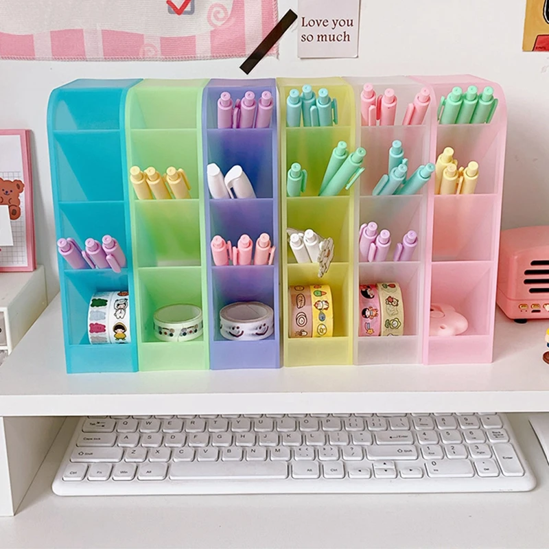 New Desktop Storage Bin Kawaii Color 4 Gird Desktop Organizer Pen Holder Desk Makeups Pencil Storage Box School Stationery