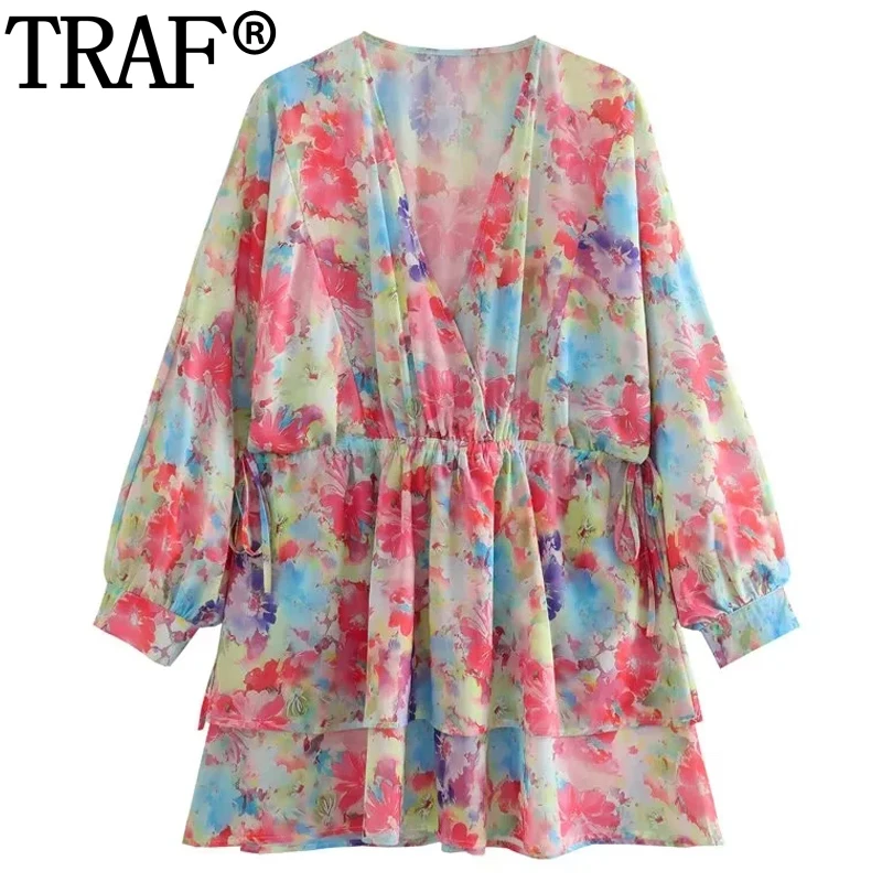 

TRAF 2023 Print Womens Dresses Ruched Tied Short Dresses For Women Long Sleeve Mini Dress Woman Ruffle Casual Summer Dresses