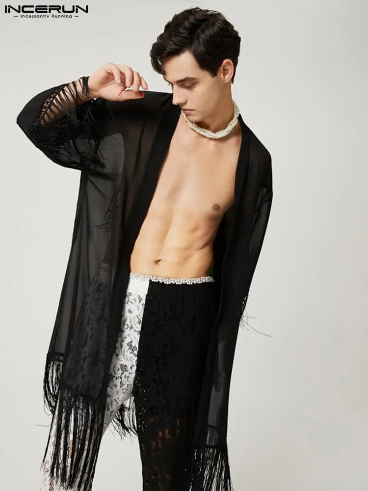 

INCERUN 2022 Men Shirt Tassel Long Sleeve Open Stitch See Through Long Style Cardigan Outerwear Sexy Streetwear Fashion Camisas