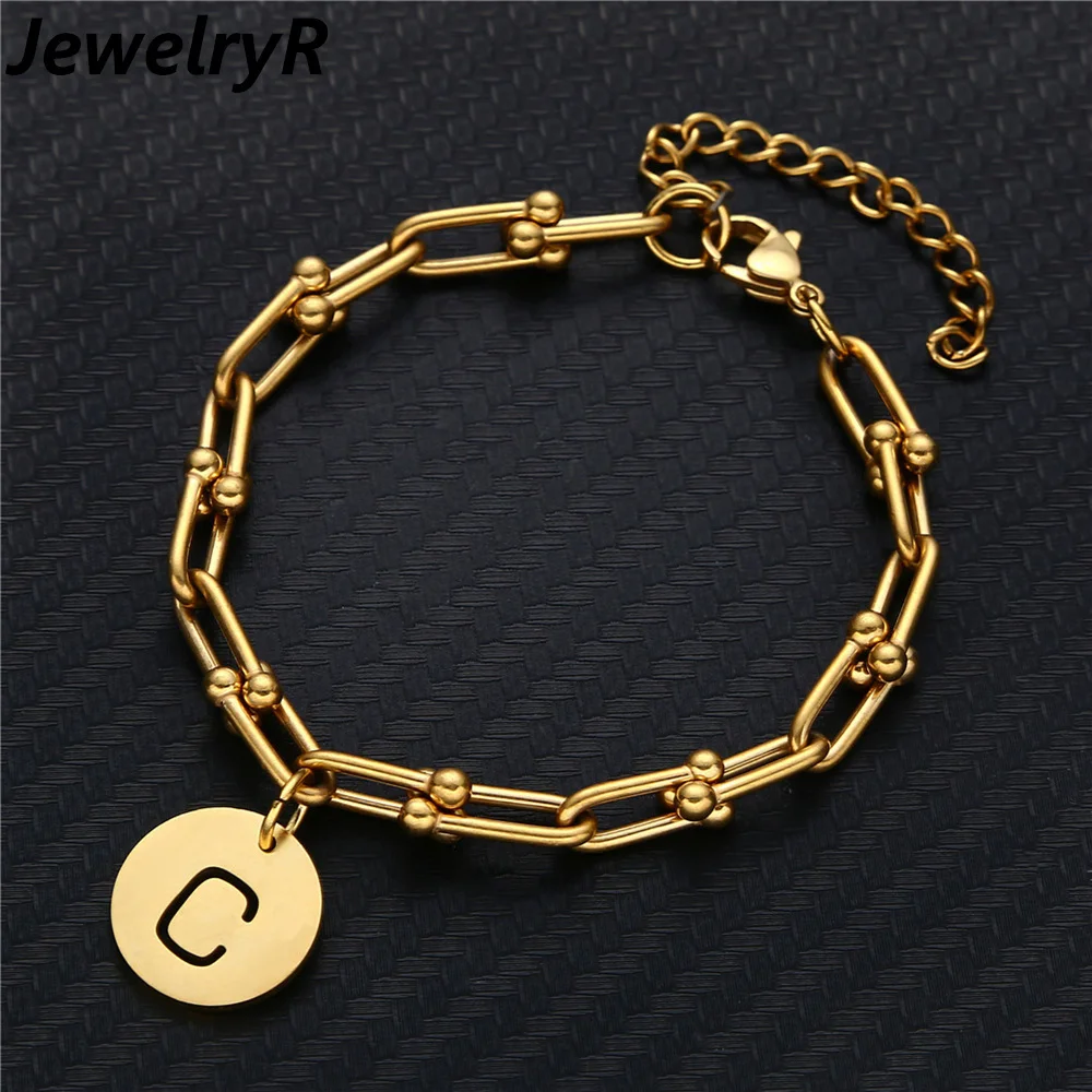 

JewelryR Personality Custom Letter Bracelets Stainless Steel U-Shape Chain Round Initials Bangle For Women Jewelry Birthday Gift