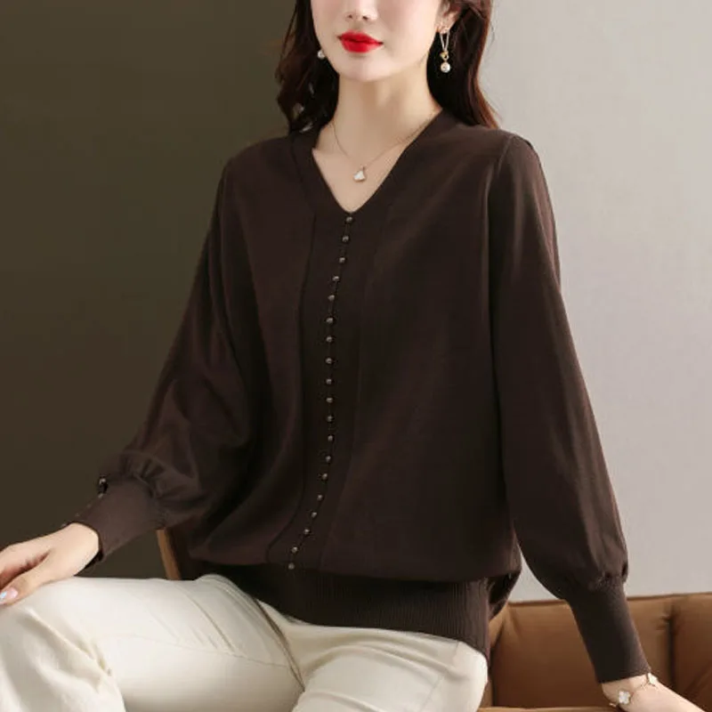 

Новинка весна-осень модные бусины для ногтей в иностранном стиле V-образный вырез из льда шелковые Пузырьковые рукава универсальный свободный размер толстый мм трикотажный топ