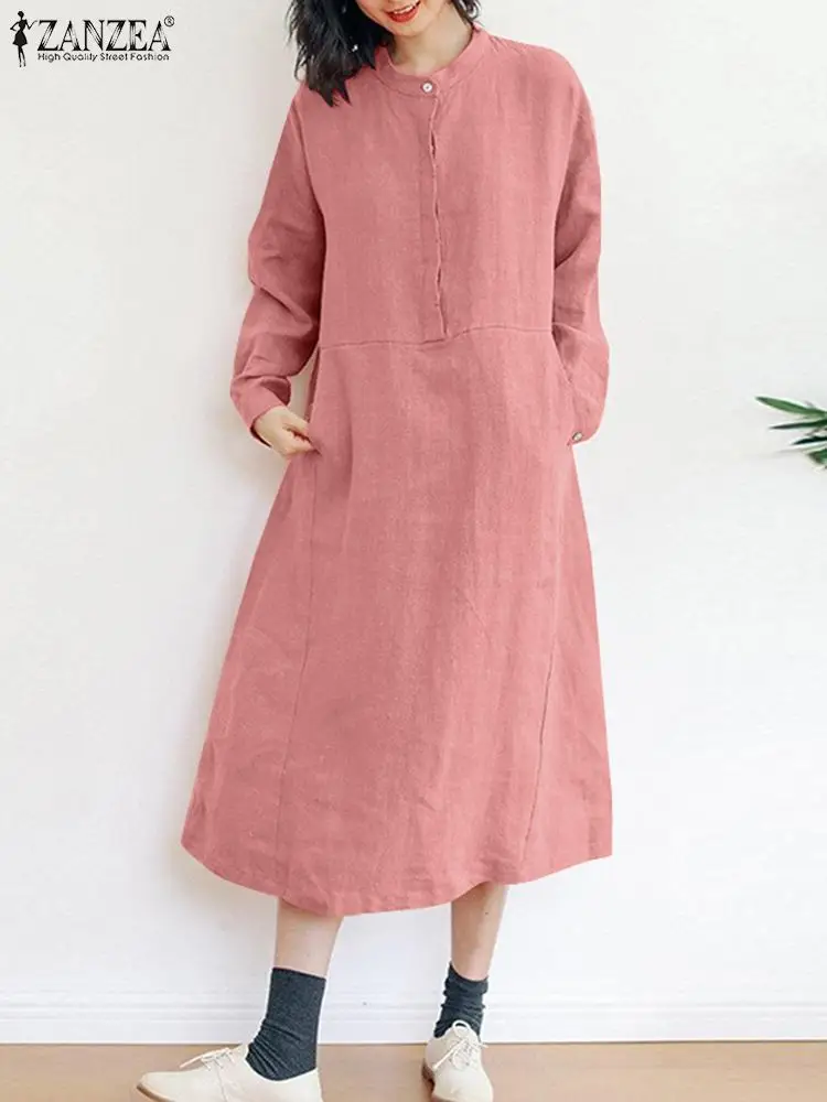 

Модное весеннее Повседневное платье ZANZEA до середины икры, женский сарафан, винтажное однотонное ТРАПЕЦИЕВИДНОЕ ПЛАТЬЕ С Длинным Рукавом, ж...