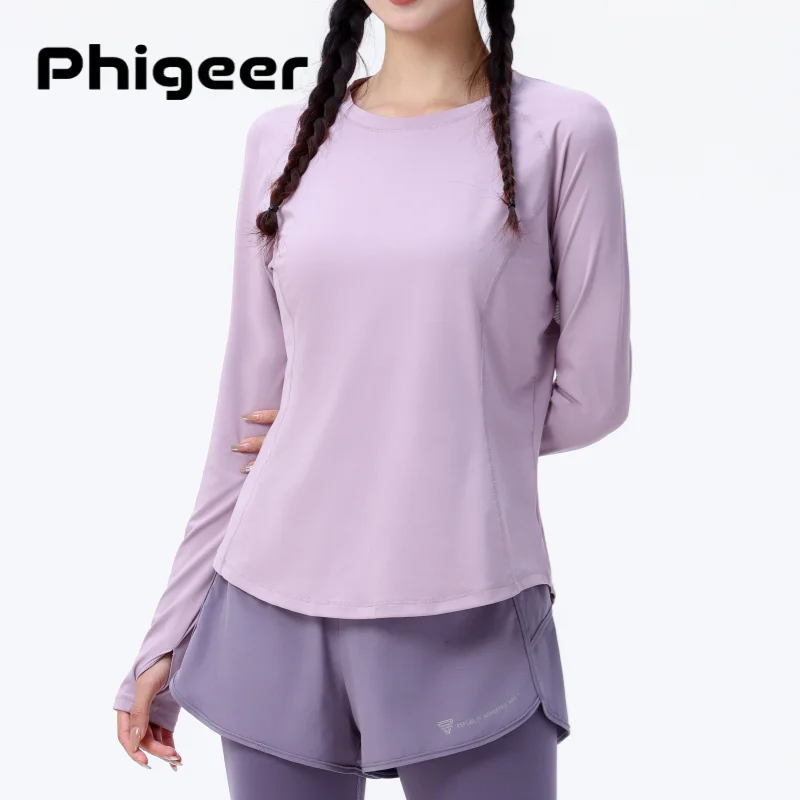 Фото PHIGEER осенние свободные топы для йоги, женская футболка с длинным рукавом для спортзала, дышащая спортивная рубашка, легкая быстросохнущая футболка для бега, новинка №1