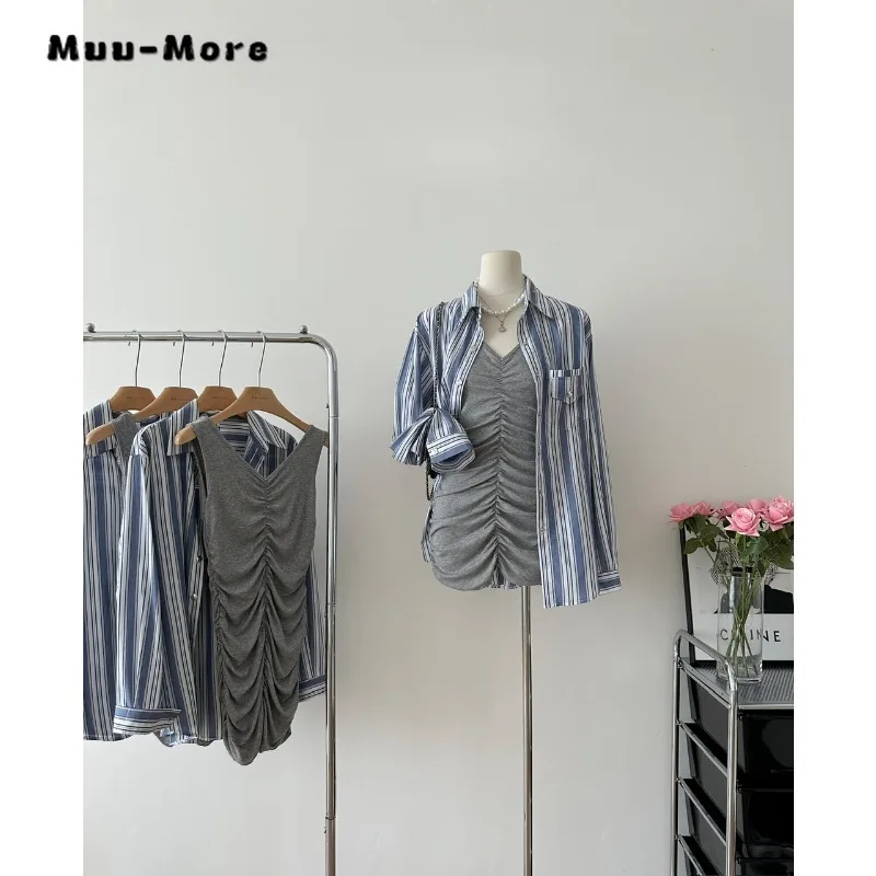 

Женский комплект из двух предметов, однобортная блузка в полоску с карманами и лацканами + платье с V-образным вырезом и рюшами, модные корейские комплекты женских платьев, 2023