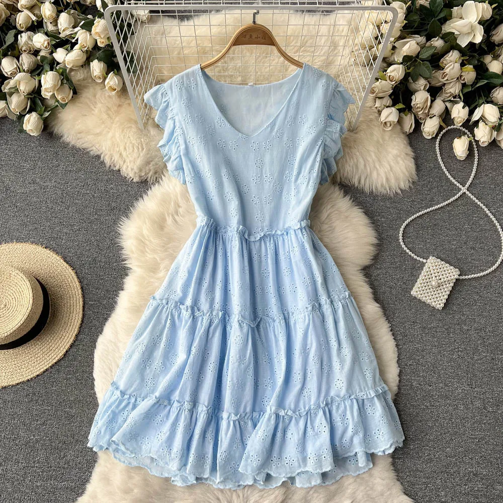 

D571 Women Summer New Fashion Sweet V Neck Short Sleeve A-line Short Dress Solid Color Korean Clothes Vestidos