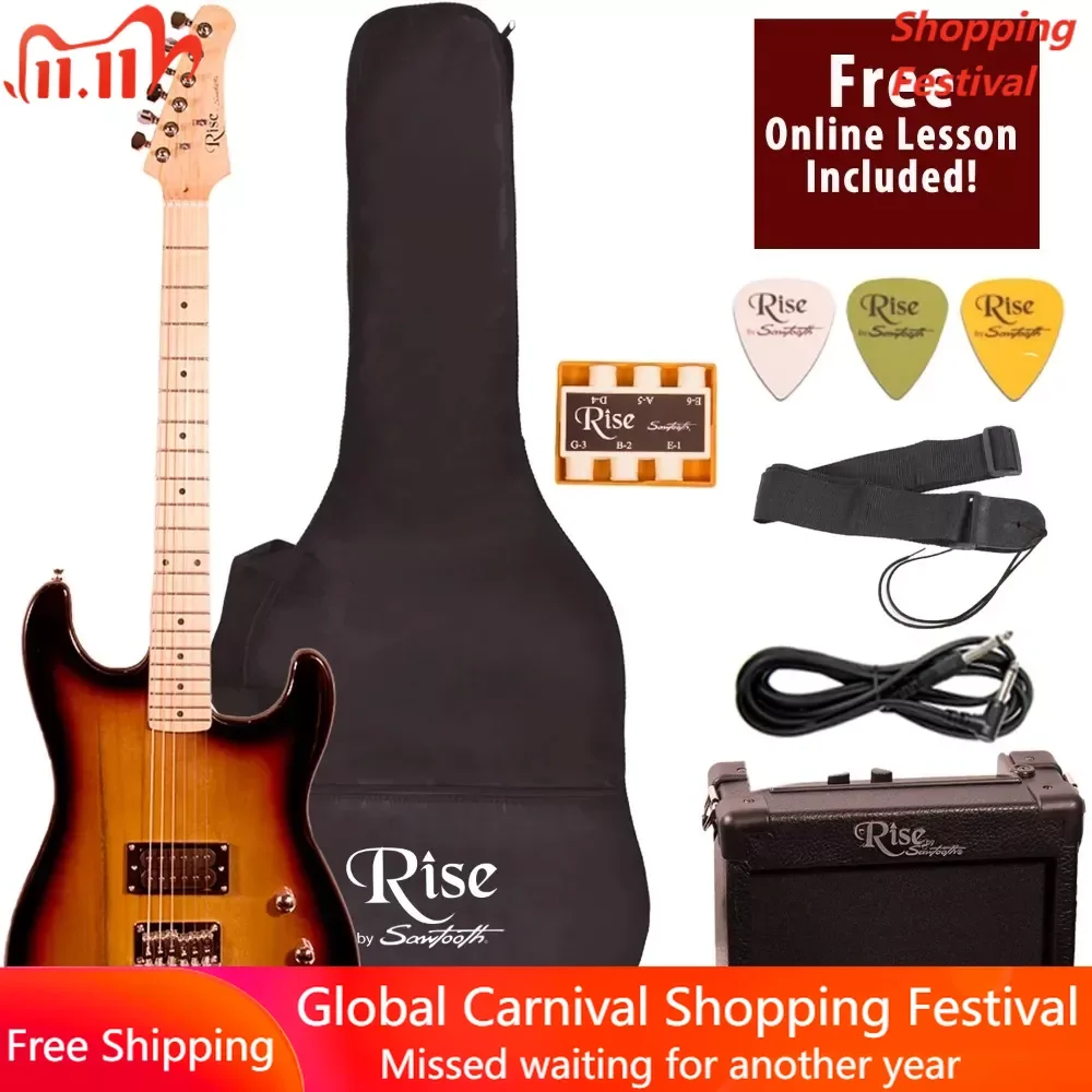 

Right-Handed Sunburst 3/4 Size Beginner's Electric Guitar With Amp Picks Pitch Pipe Guitars Cable Strap Electroacoustic Musical