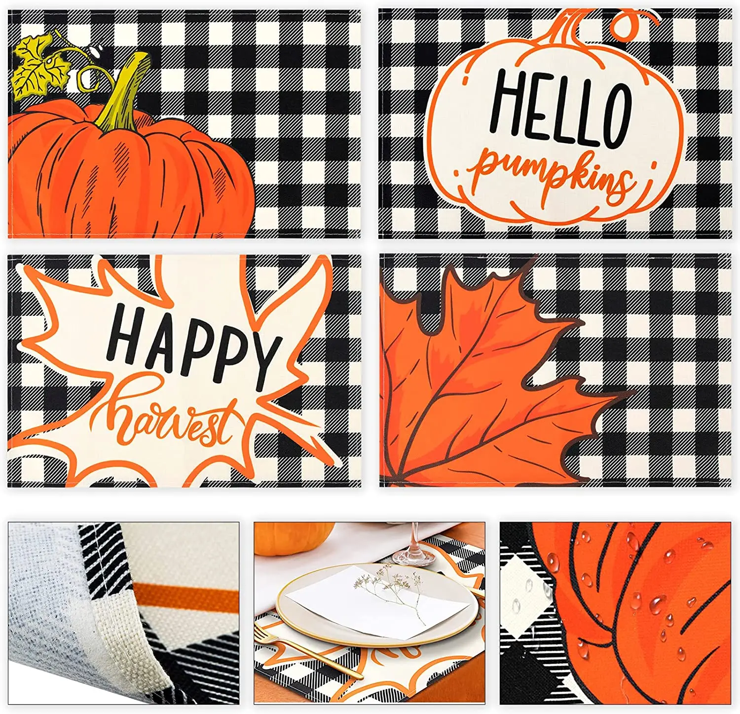 

Pumpkin Maple Leaves Buffalo Plaid Placemats for Dining Table 12x18 Inch Seasonal Harvest Holiday Rustic Vintage Thanksgiving