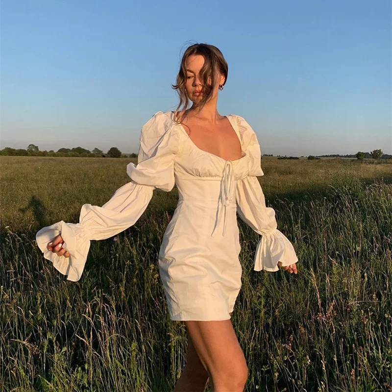 

Sexy Mini Dress Women Flare Long Sleeve White Vestido 2021 Korean Fashion Party Club Backless Elegant Sheath Bodycon Dresses Ins