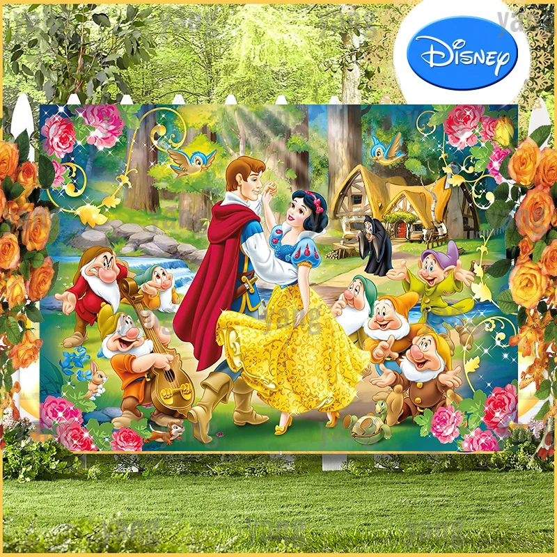 Cute Snow White Princess Seven Dwarfs Disney Support Customize Party Forest Cabin Backdrops Background Baby Shower Kids Birthday