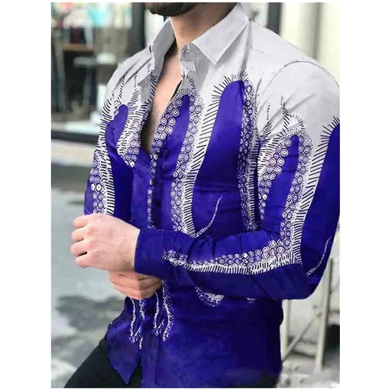 2022 New Geometric Print Shirts Men Fashion Turn-down Collar Buttoned Shirt Men's Autumn Casual Long Sleeve Cardigan S-3XL