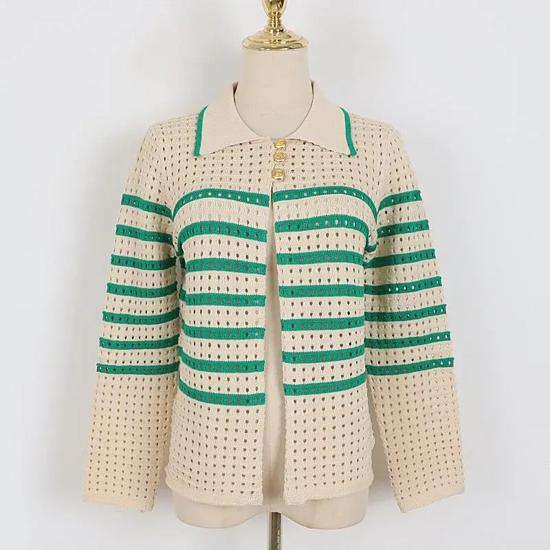 

Женский кардиган с длинным рукавом, ажурный свитер с отворотом, осеннее пальто в полоску