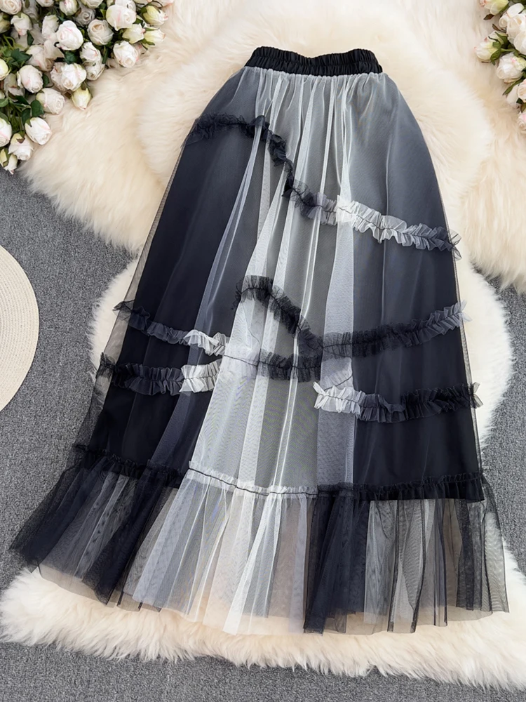 

Fitaylor Summer New Women Elegant High Waist Slim Patchwork Mesh Skirt Fashion Casual Medium Length Knee Length A-Line Skirt