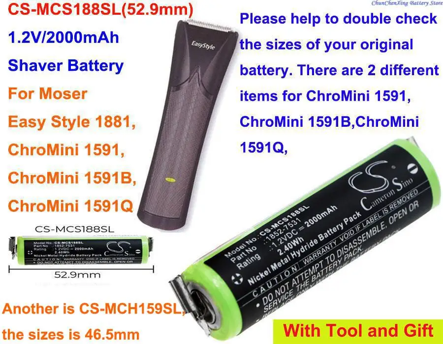 

OrangeYu 2000mAh Shaver Battery for Moser Easy Style 1881,ChroMini 1591,ChroMini 1591B,ChroMini 1591Q,please check the sizes