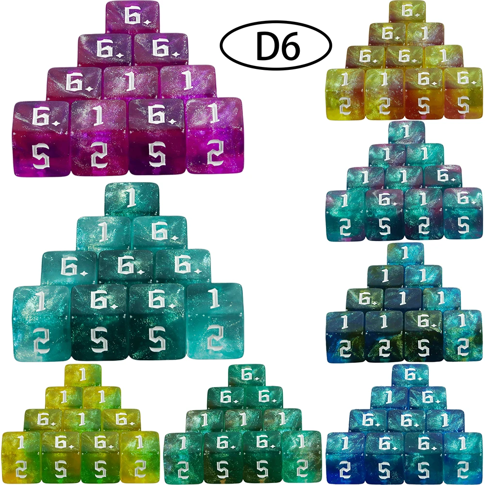 

10pcs 6 Sided Game Dice Polyhedral D6 Dice Set with Shiny Glitters for DND PRPG Board Game Dices Set
