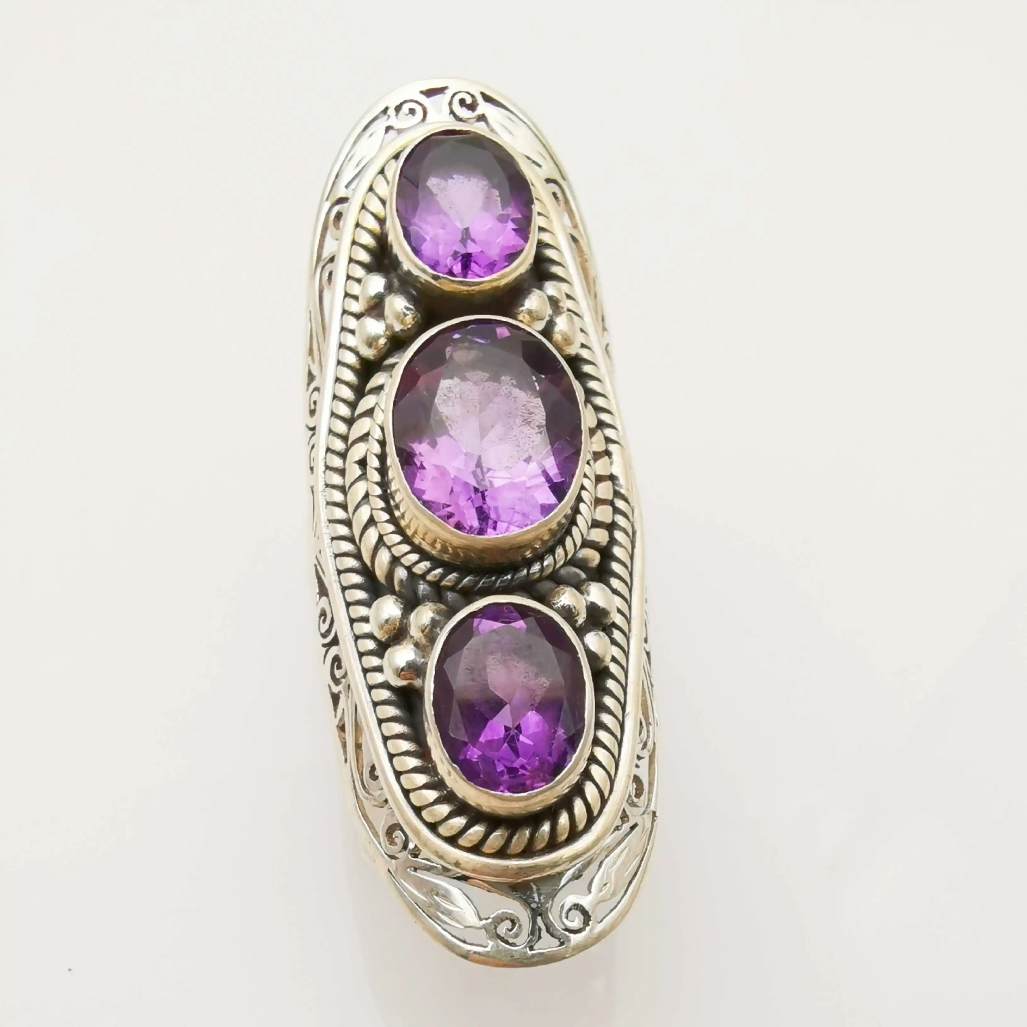 

Silver Saint 925 Sterling Silver Inlaid Natural Amethyst Ring, Handmade in Nepal, Adjustable Opening Main Stone 10x12
