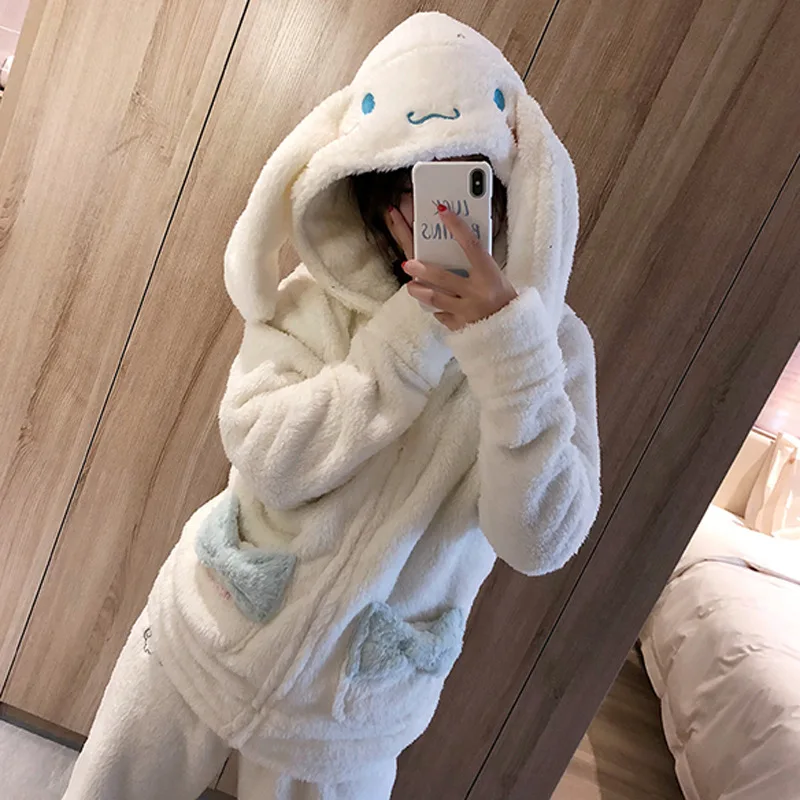 Cartoon Flannel Pyjama Long Ear Hooded Sleepwear Warm Thick Women Winter Pajamas Set Two Pieces Pockets Girls Homewear Women