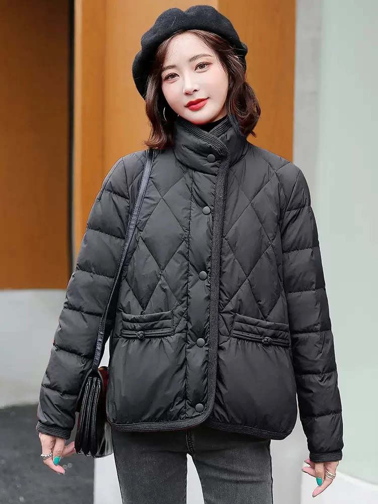 New Women Down Jacket Winter Casual Fashion Stand Collar Long Sleeve Loose Short White Duck Down Coat Warm Mother Outerwear