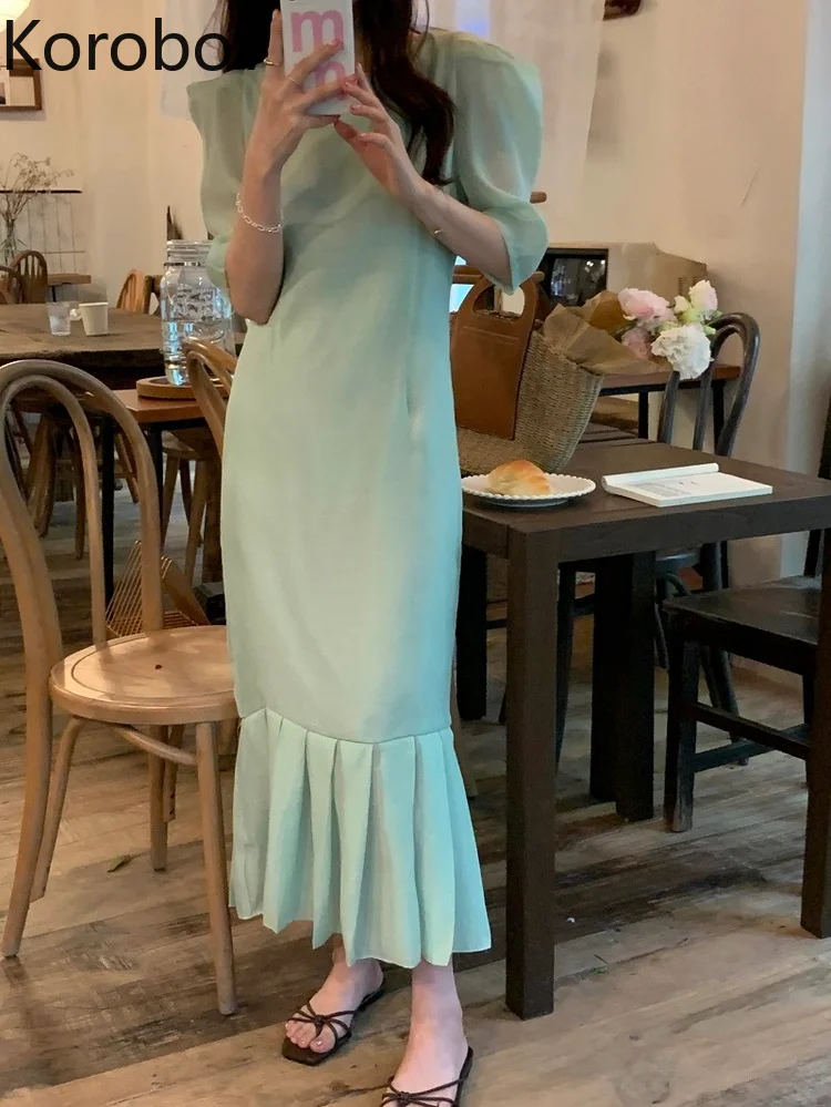 

Korobov Vintage French Gentle Crew Neck Robe Fishtail Sweet Mid-length Dresses for Women 2022 Solid Color Vestido Feminino