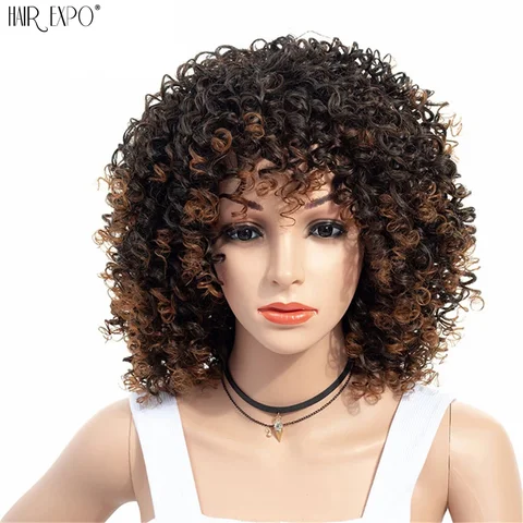 Парики для чернокожих женщин, короткий кудрявый парик 14 дюймов, афро-американские парики для чернокожих женщин, коричневые смешанные светлые синтетические термостойкие парики с челкой