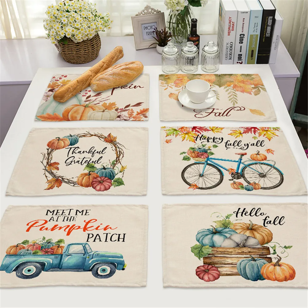 

Hollo Fall Kitchen Decor Placemat Coaster Pumpkin Bicycle Cotton Linen Place Mat Pad Dish Coffee Cup Dinner Table Cloth Mat