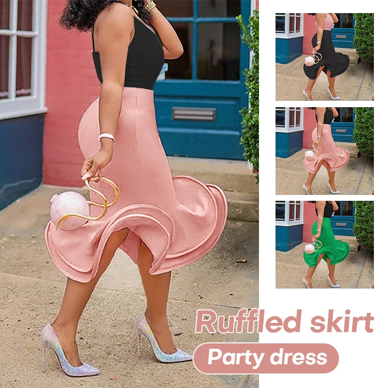 

Женское элегантное платье с высокой талией и объемными оборками